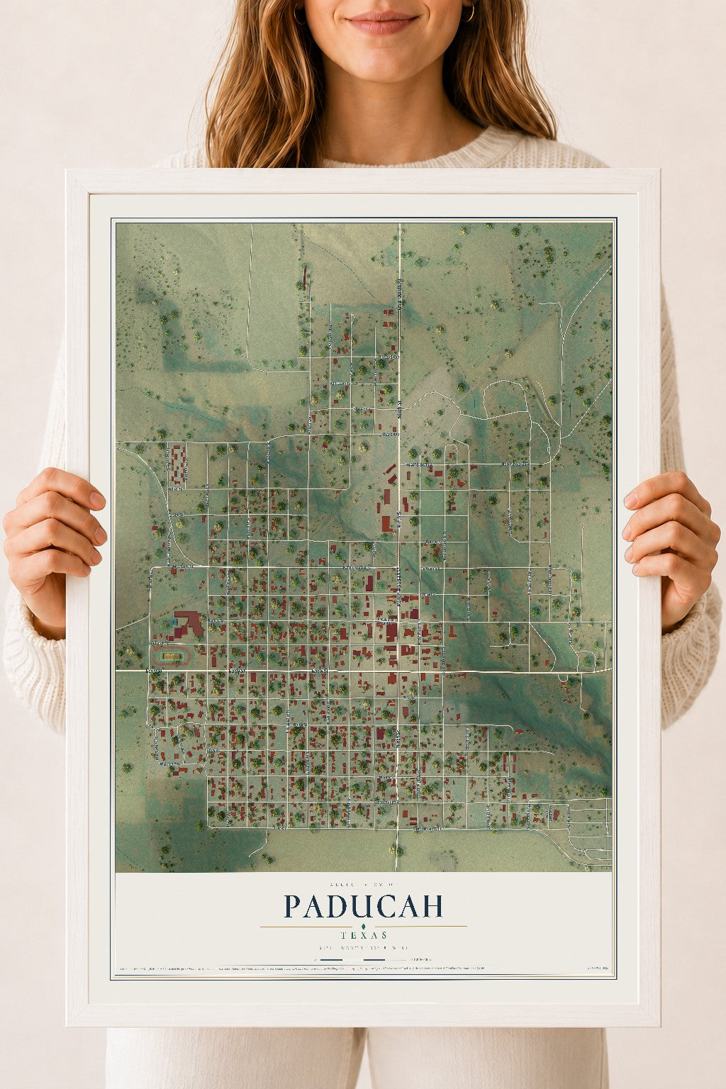 Map of Paducah, Texas, 18 x 24 inch print in a white wood frame
