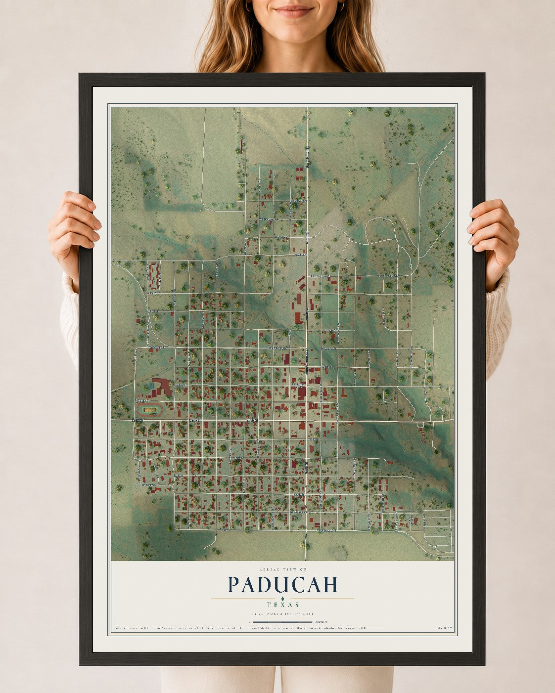 Map of Paducah, Texas, 24 x 36 inch print in a black wood frame
