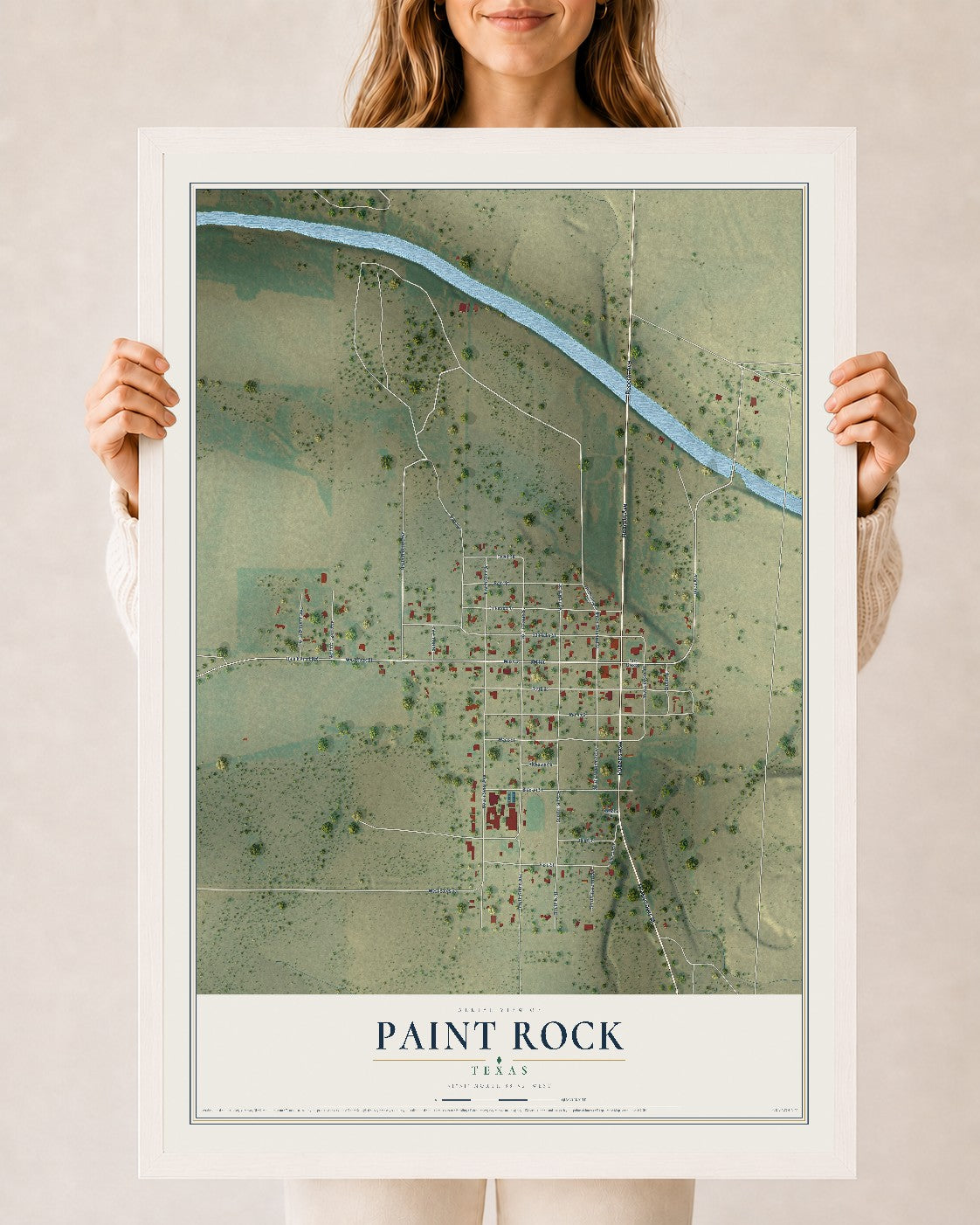 Map of Paint Rock, Texas, 24 x 36 inch print in a white wood frame