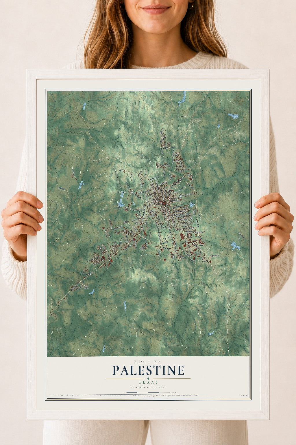 Map of Palestine, Texas, 18 x 24 inch print in a white wood frame