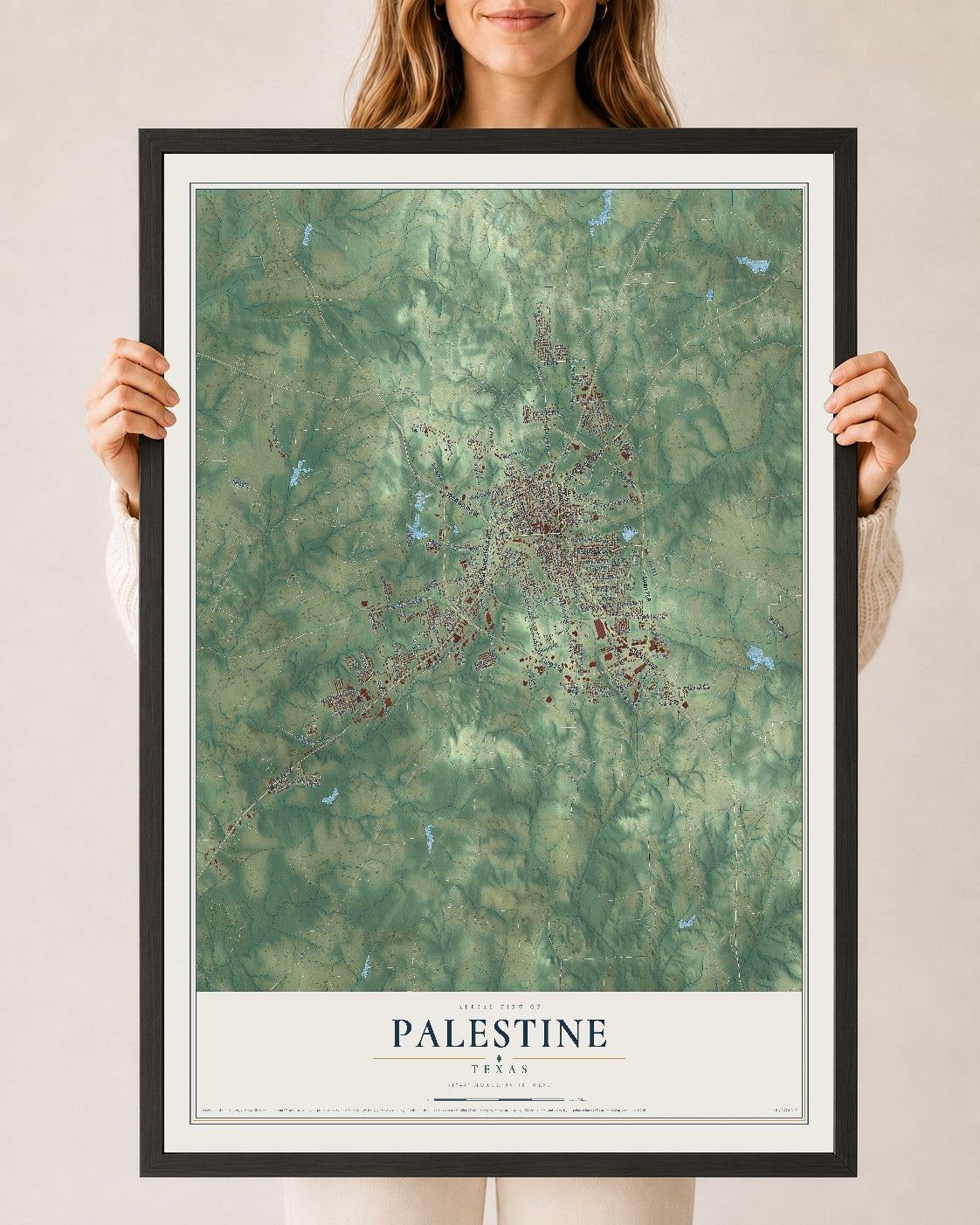 Map of Palestine, Texas, 24 x 36 inch print in a black wood frame