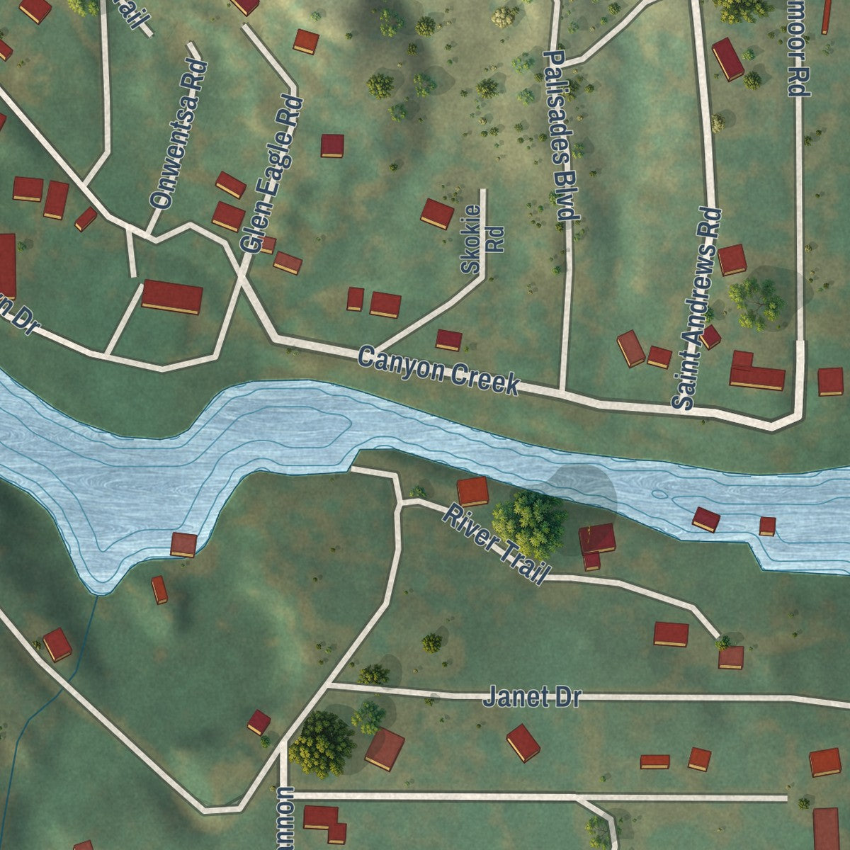 Close-up of the map of Palisades, Texas print showing street and building detail