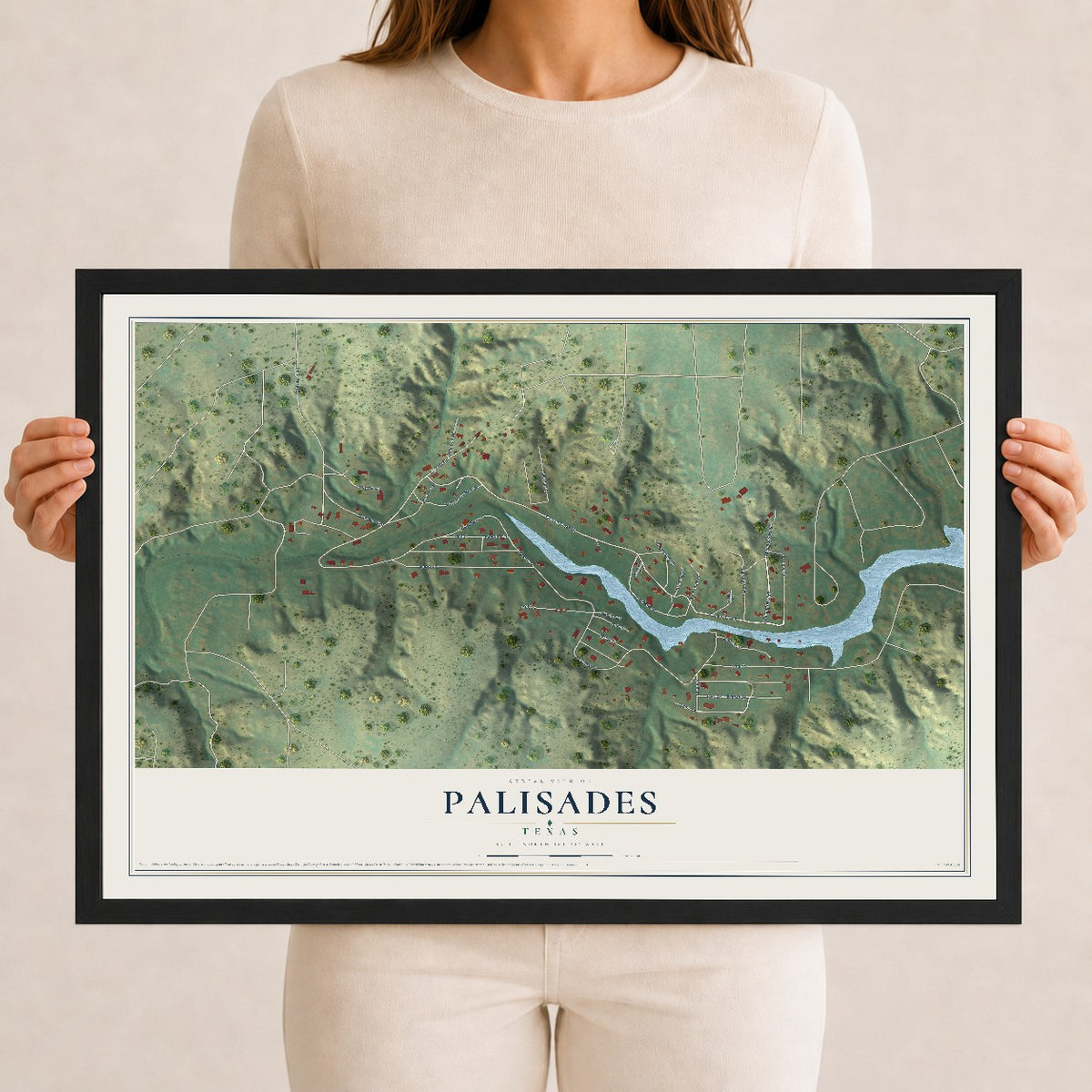 Map of Palisades, Texas, 12 x 18 inch print in a black wood frame