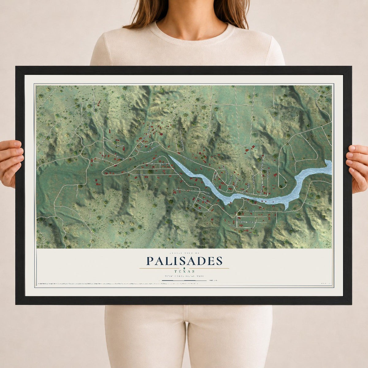 Map of Palisades, Texas, 18 x 24 inch print in a black wood frame