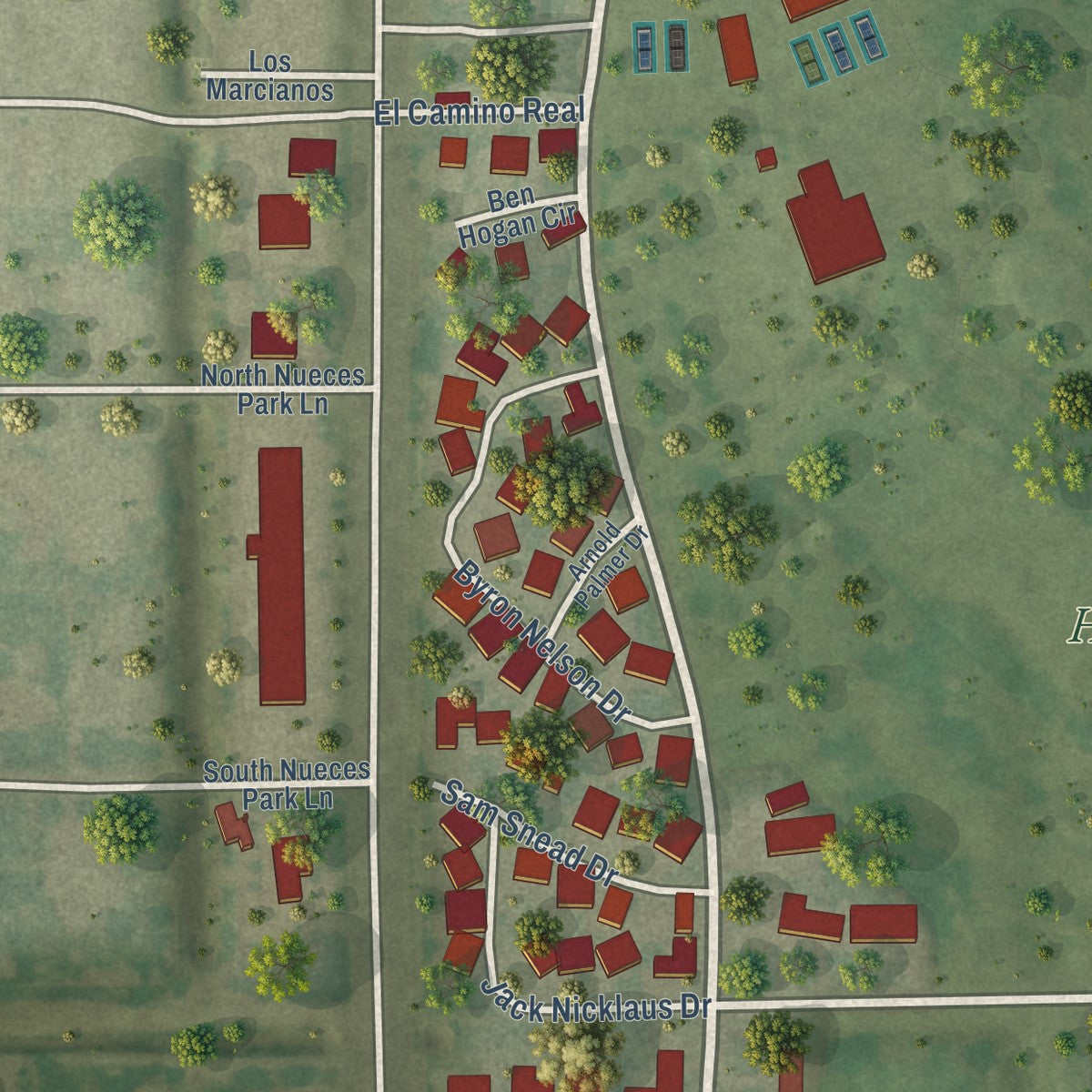 Close-up of the map of Palm Valley, Texas print showing street and building detail