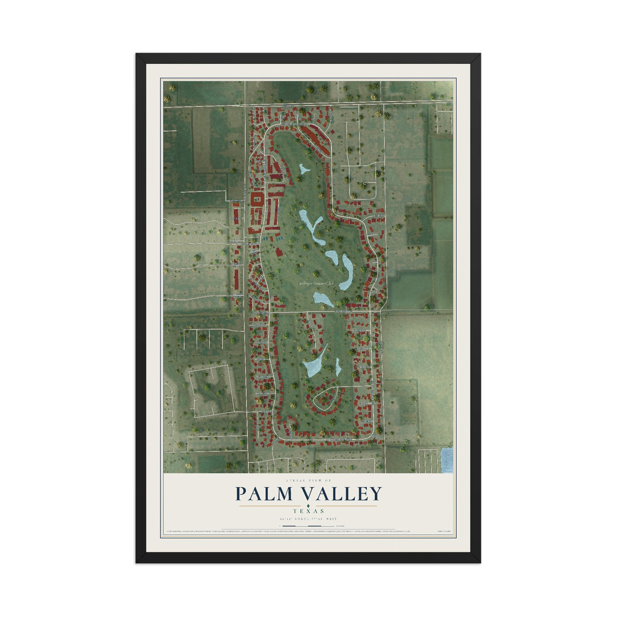 Map of Palm Valley, Texas, 12 x 18 inch print in a black wood frame