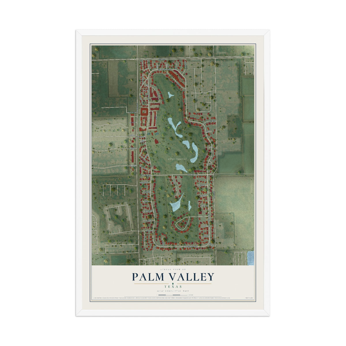 Map of Palm Valley, Texas, 12 x 18 inch print in a white wood frame