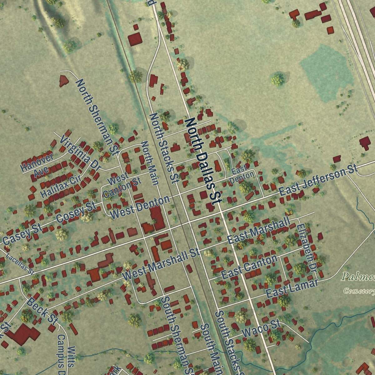 Close-up of the map of Palmer, Texas print showing street and building detail
