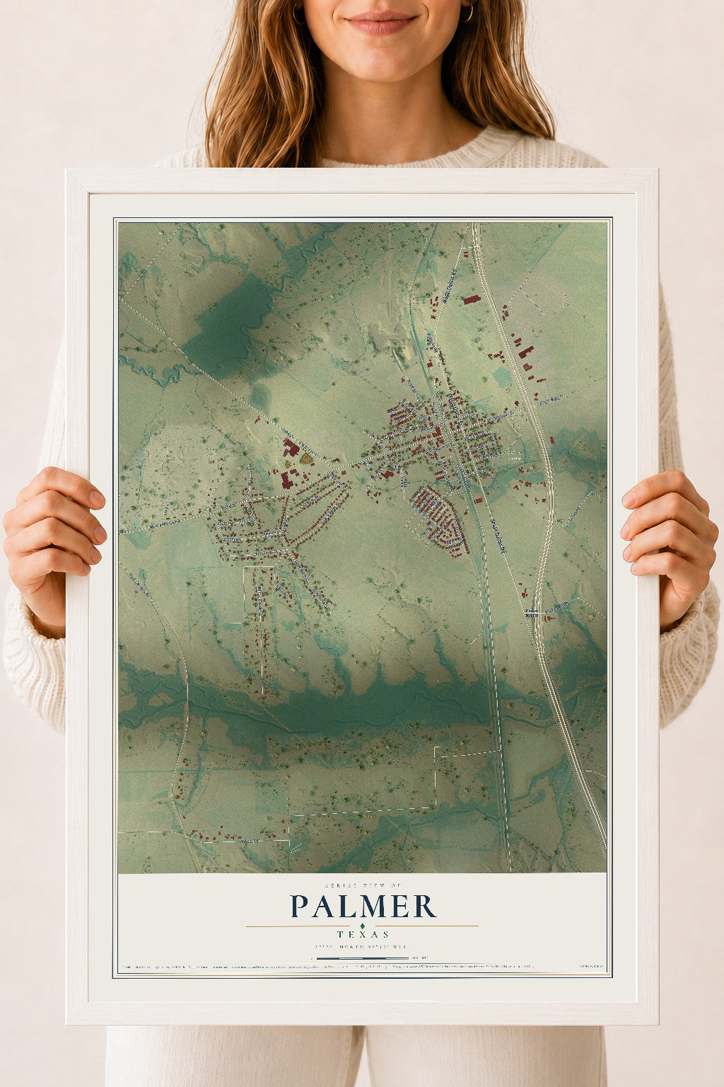 Map of Palmer, Texas, 18 x 24 inch print in a white wood frame