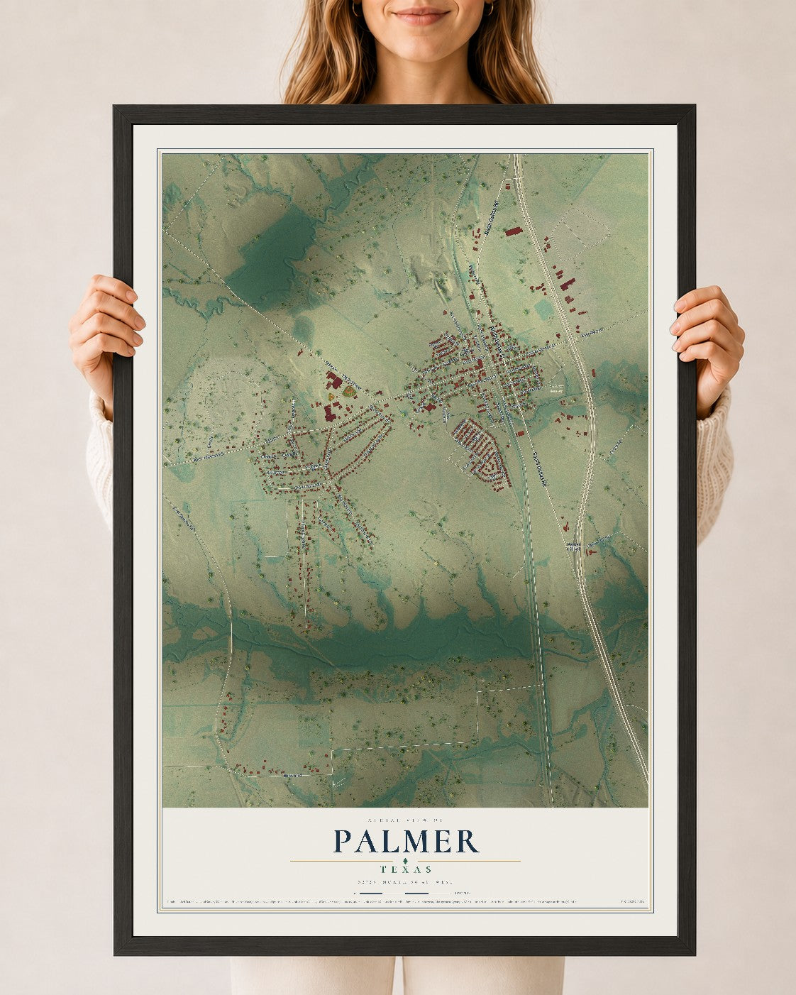 Map of Palmer, Texas, 24 x 36 inch print in a black wood frame