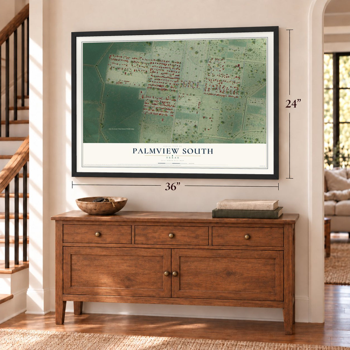 Palmview South, Texas map, 24 x 36 inch print in a black frame above a dresser by a staircase
