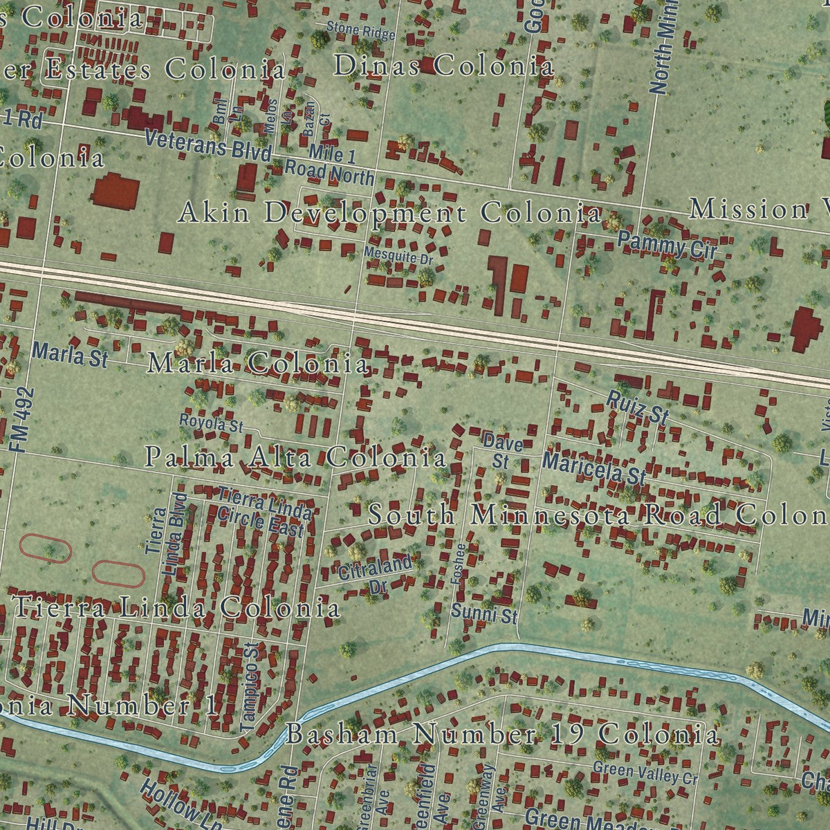Close-up of the map of Palmview, Texas print showing street and building detail