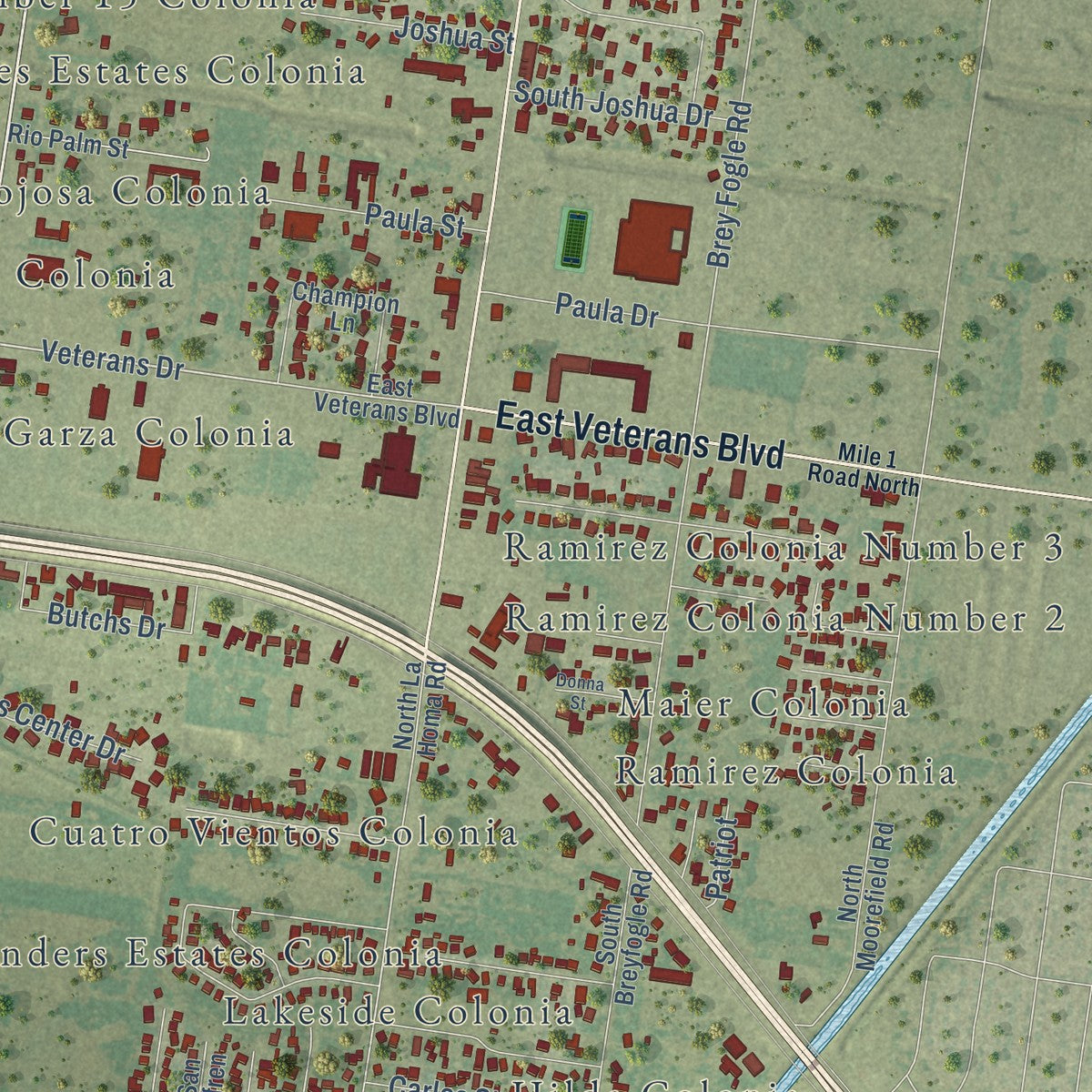 Second close-up of the map of Palmview, Texas print showing more streets and buildings