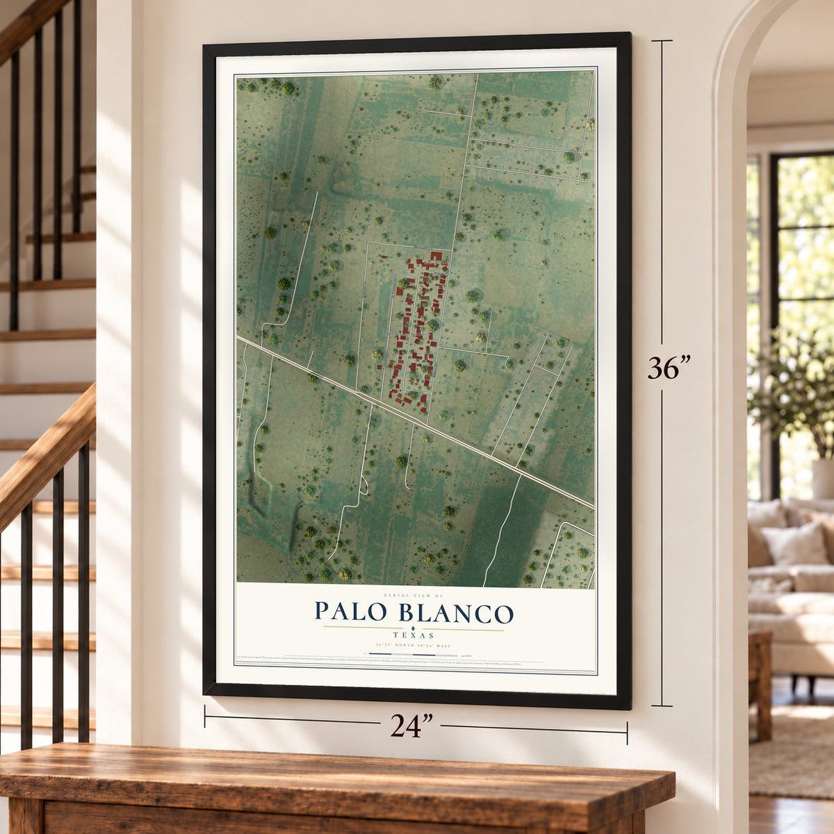Palo Blanco, Texas map, 24 x 36 inch print in a black frame by a staircase