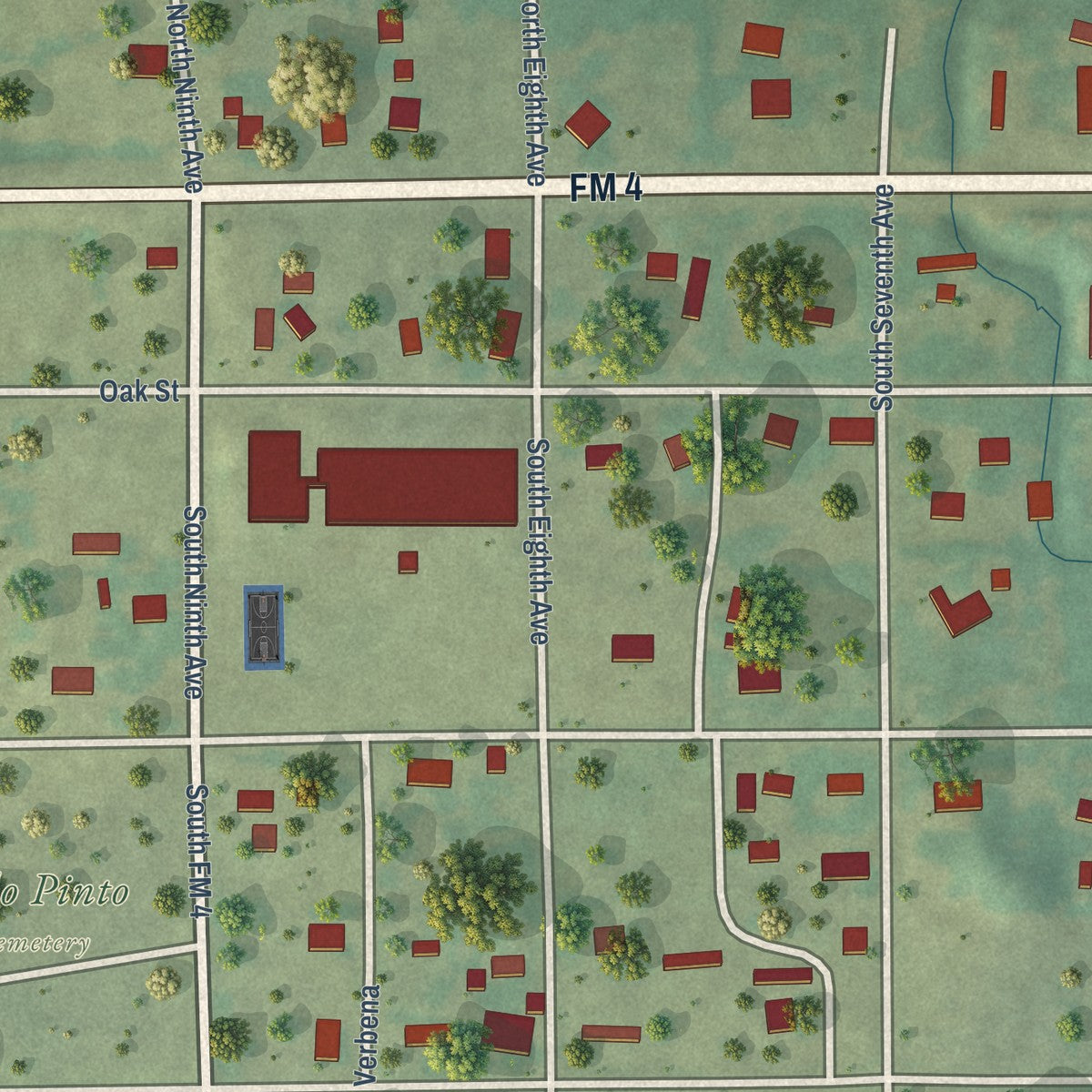 Close-up of the map of Palo Pinto, Texas print showing street and building detail