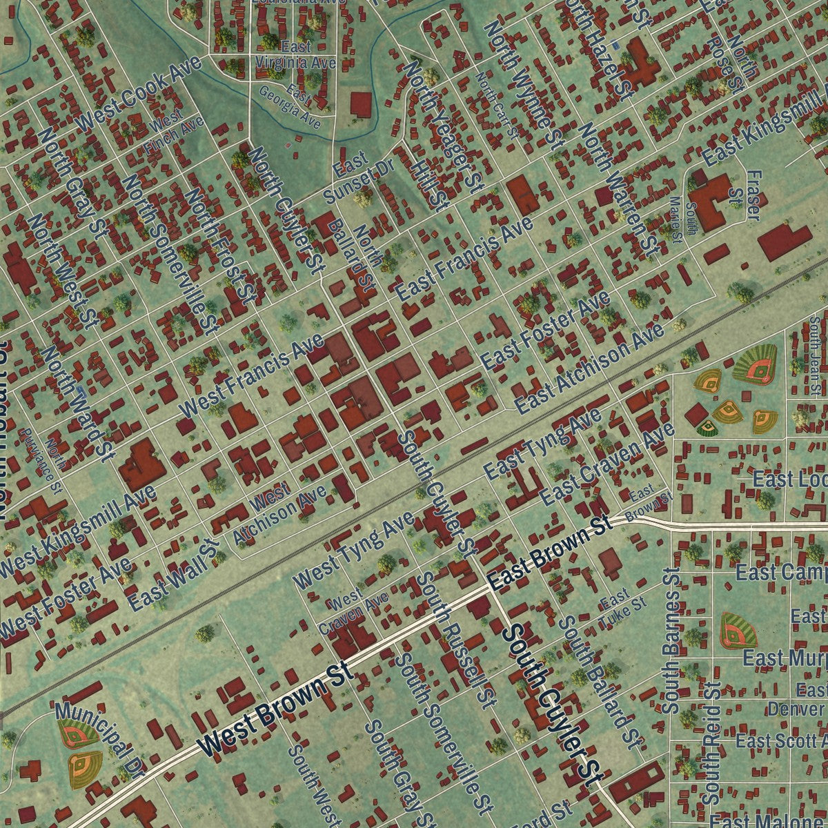 Close-up of the map of Pampa, Texas print showing street and building detail