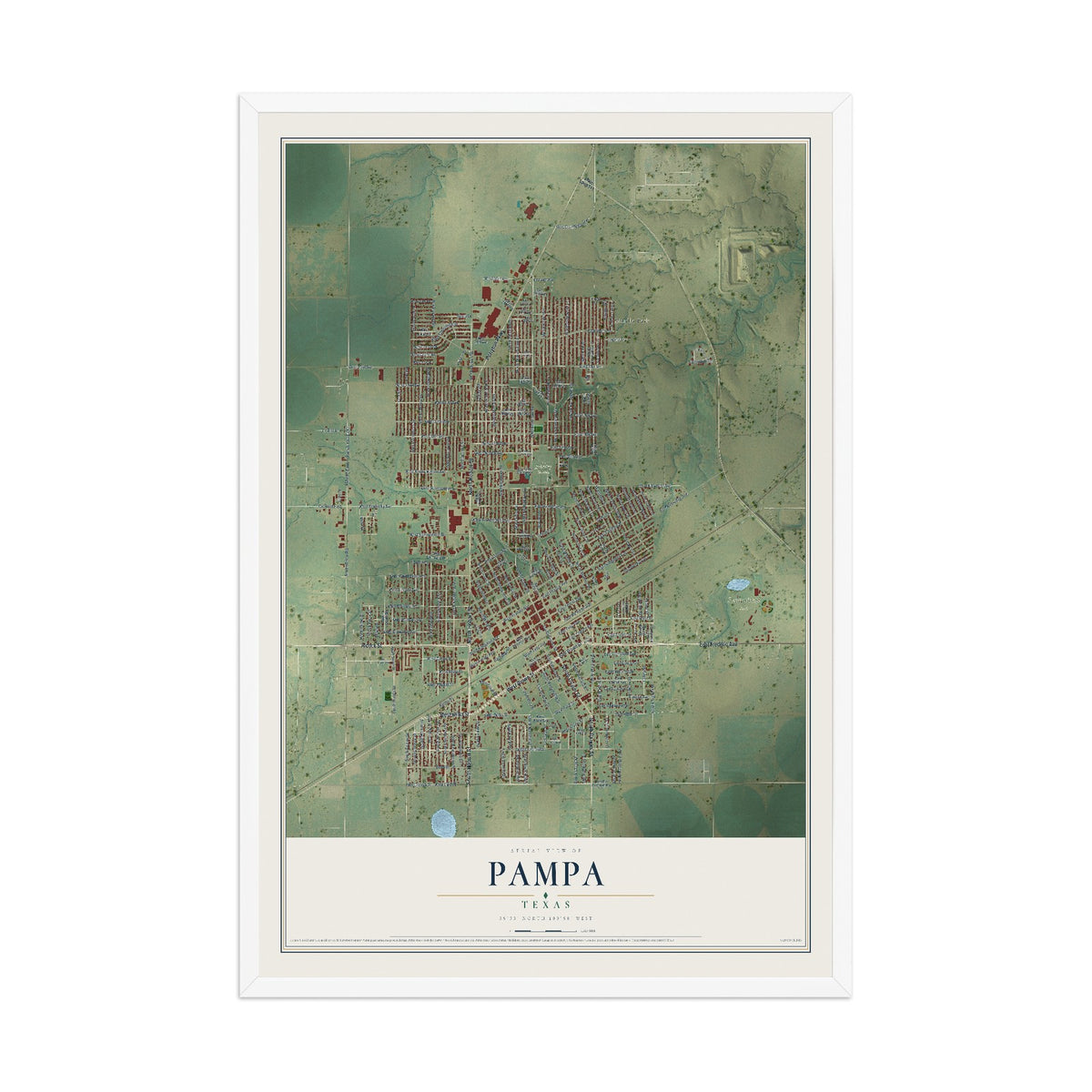 Map of Pampa, Texas, 12 x 18 inch print in a white wood frame