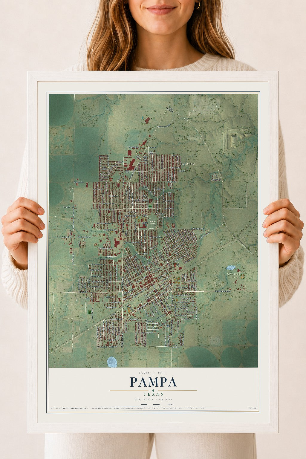Map of Pampa, Texas, 18 x 24 inch print in a white wood frame