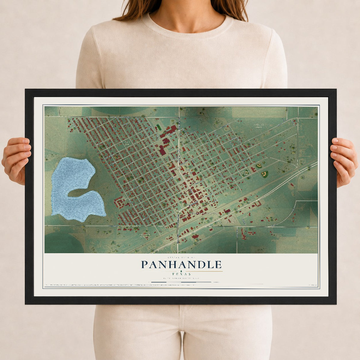 Map of Panhandle, Texas, 12 x 18 inch print in a black wood frame