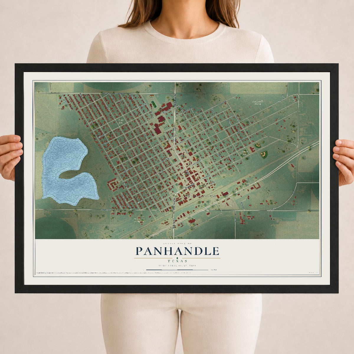 Map of Panhandle, Texas, 18 x 24 inch print in a black wood frame