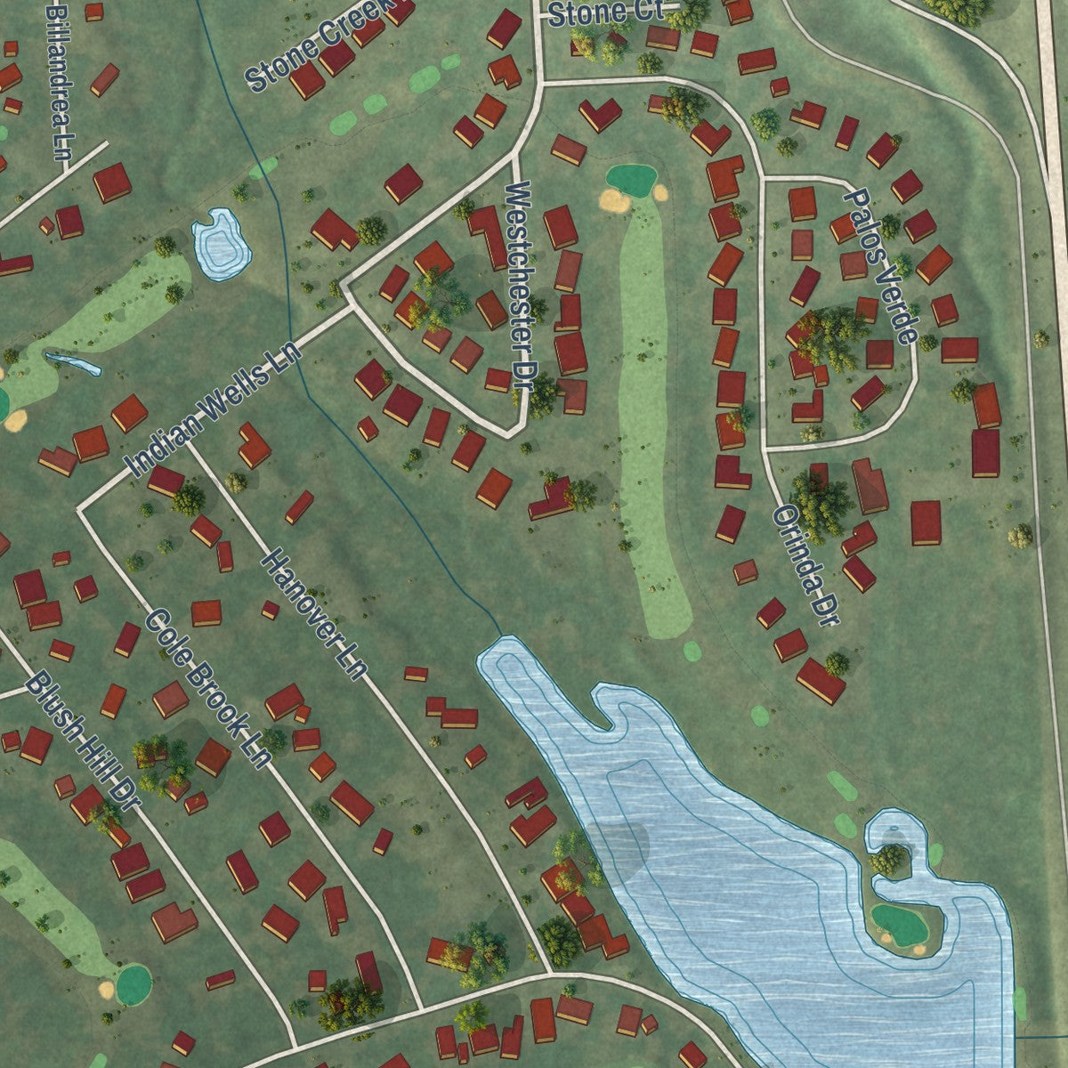 Second close-up of the map of Panorama Village, Texas print showing more streets and buildings