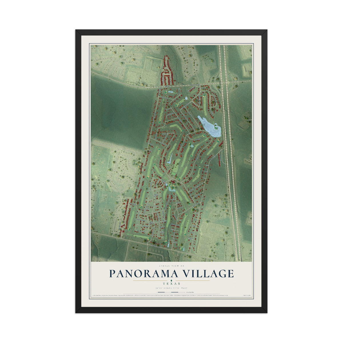 Map of Panorama Village, Texas, 12 x 18 inch print in a black wood frame