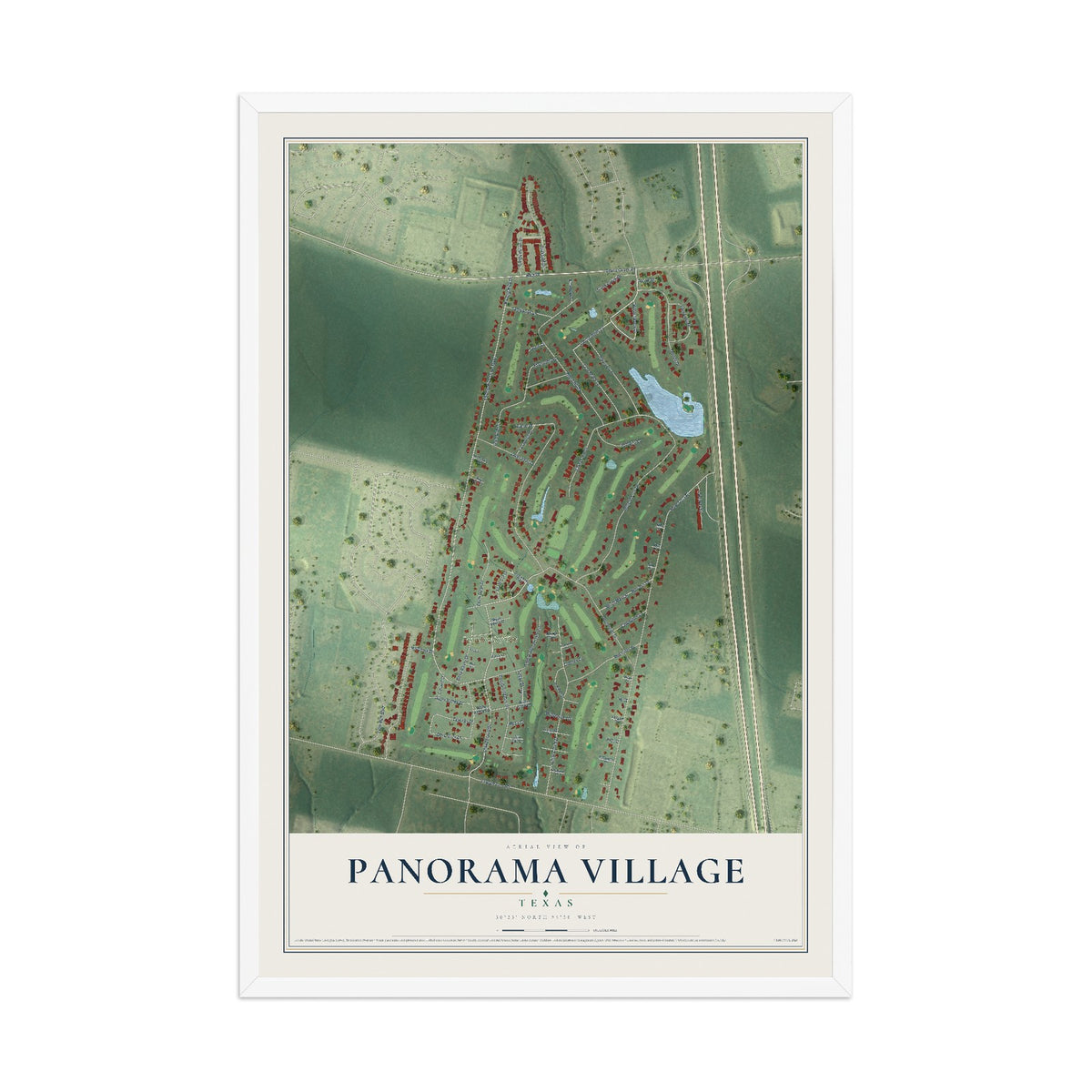 Map of Panorama Village, Texas, 12 x 18 inch print in a white wood frame