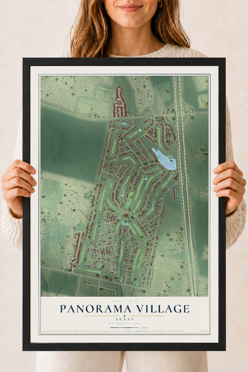 Map of Panorama Village, Texas, 18 x 24 inch print in a black wood frame