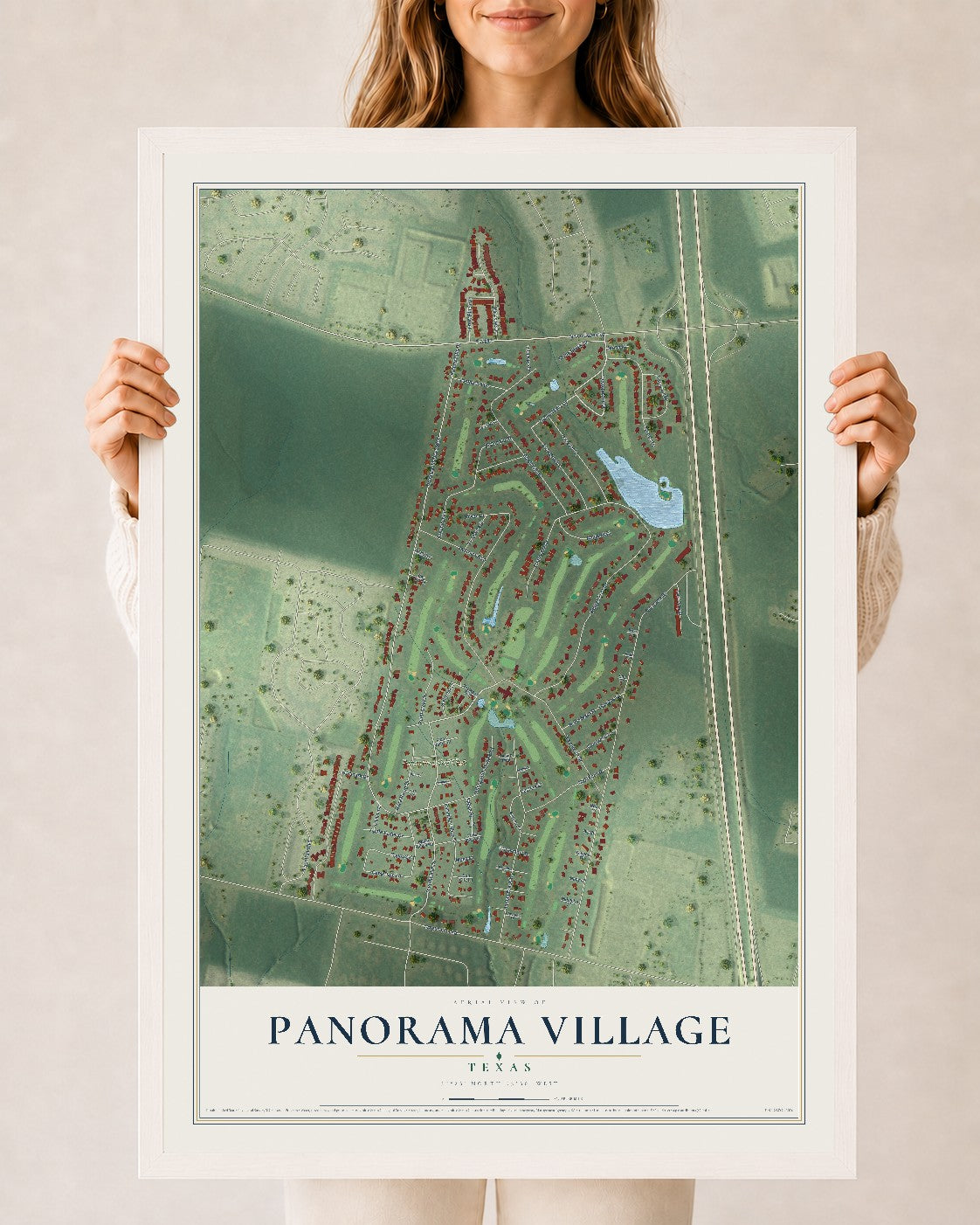 Map of Panorama Village, Texas, 24 x 36 inch print in a white wood frame