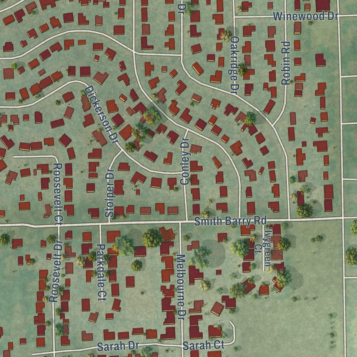 Second close-up of the map of Pantego, Texas print showing more streets and buildings