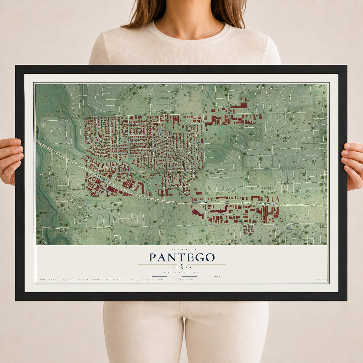 Map of Pantego, Texas, 18 x 24 inch print in a black wood frame