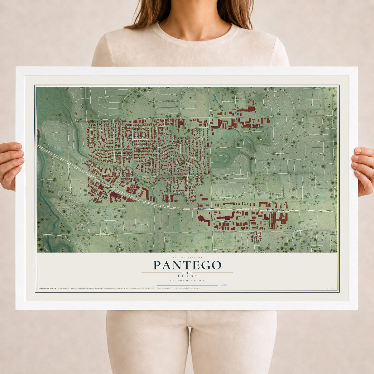 Map of Pantego, Texas, 18 x 24 inch print in a white wood frame