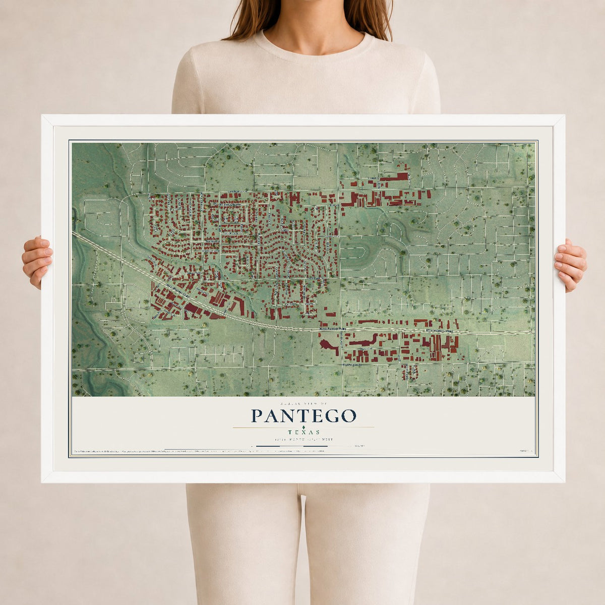 Map of Pantego, Texas, 24 x 36 inch print in a white wood frame