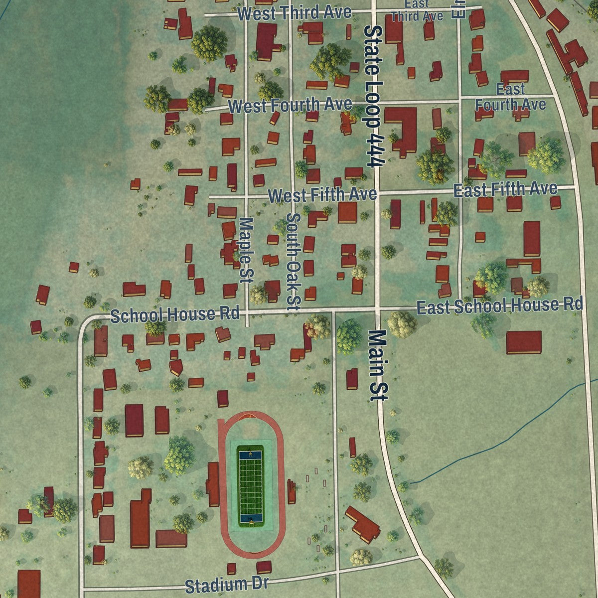 Close-up of the map of Paradise, Texas print showing street and building detail