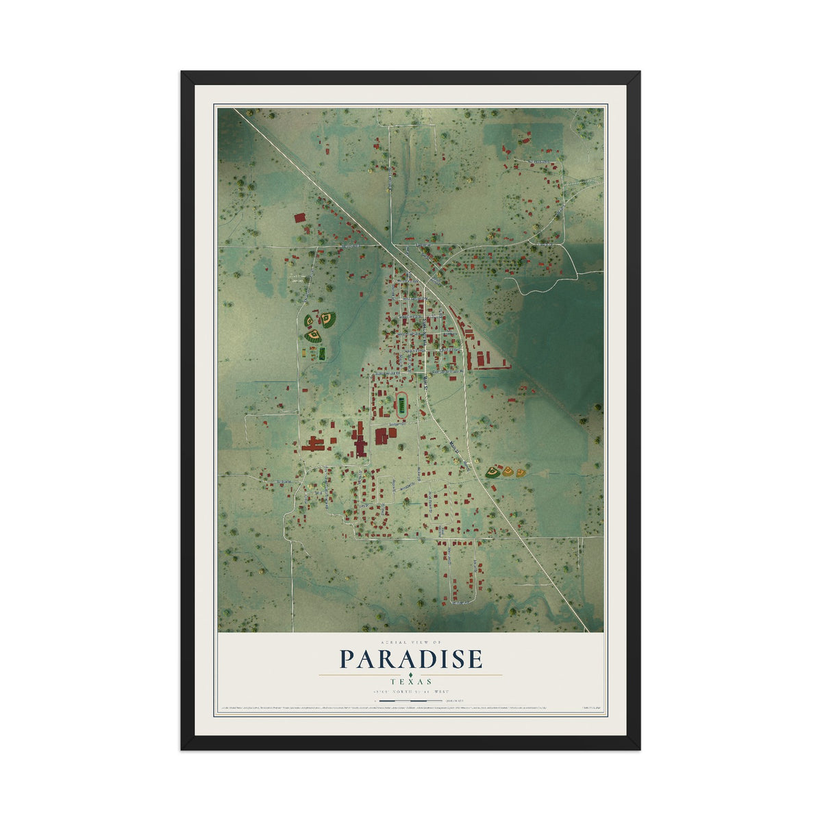 Map of Paradise, Texas, 12 x 18 inch print in a black wood frame