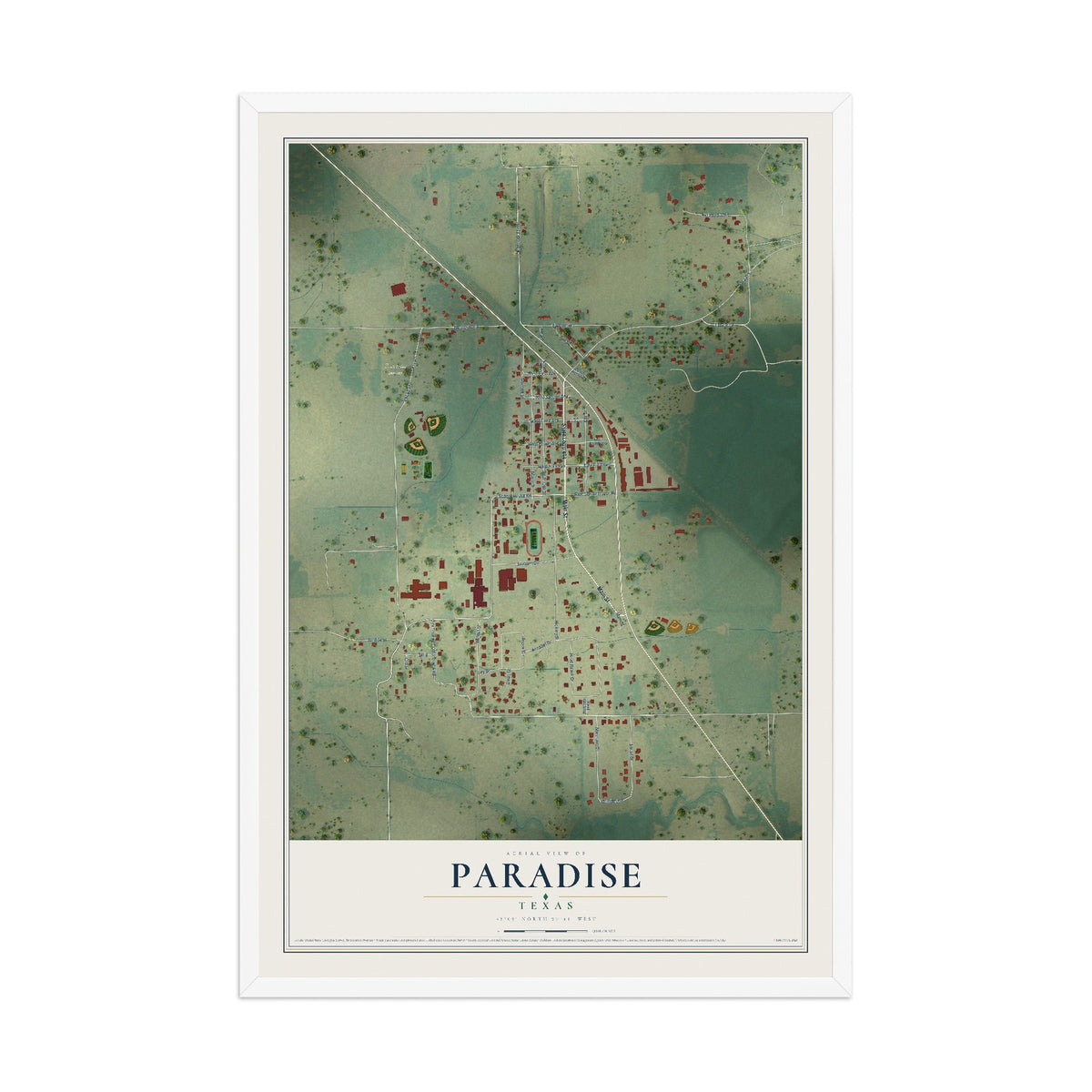 Map of Paradise, Texas, 12 x 18 inch print in a white wood frame
