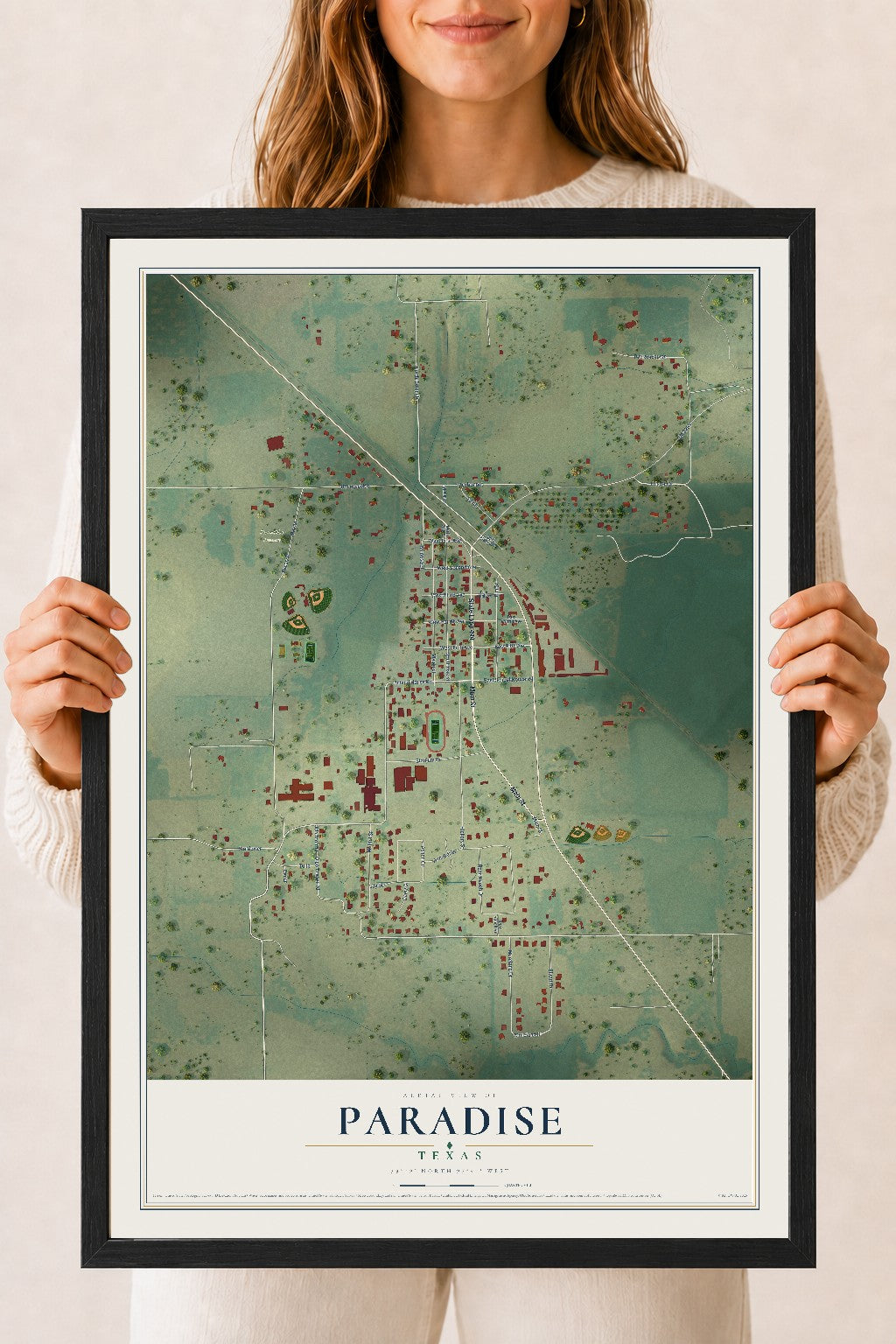 Map of Paradise, Texas, 18 x 24 inch print in a black wood frame