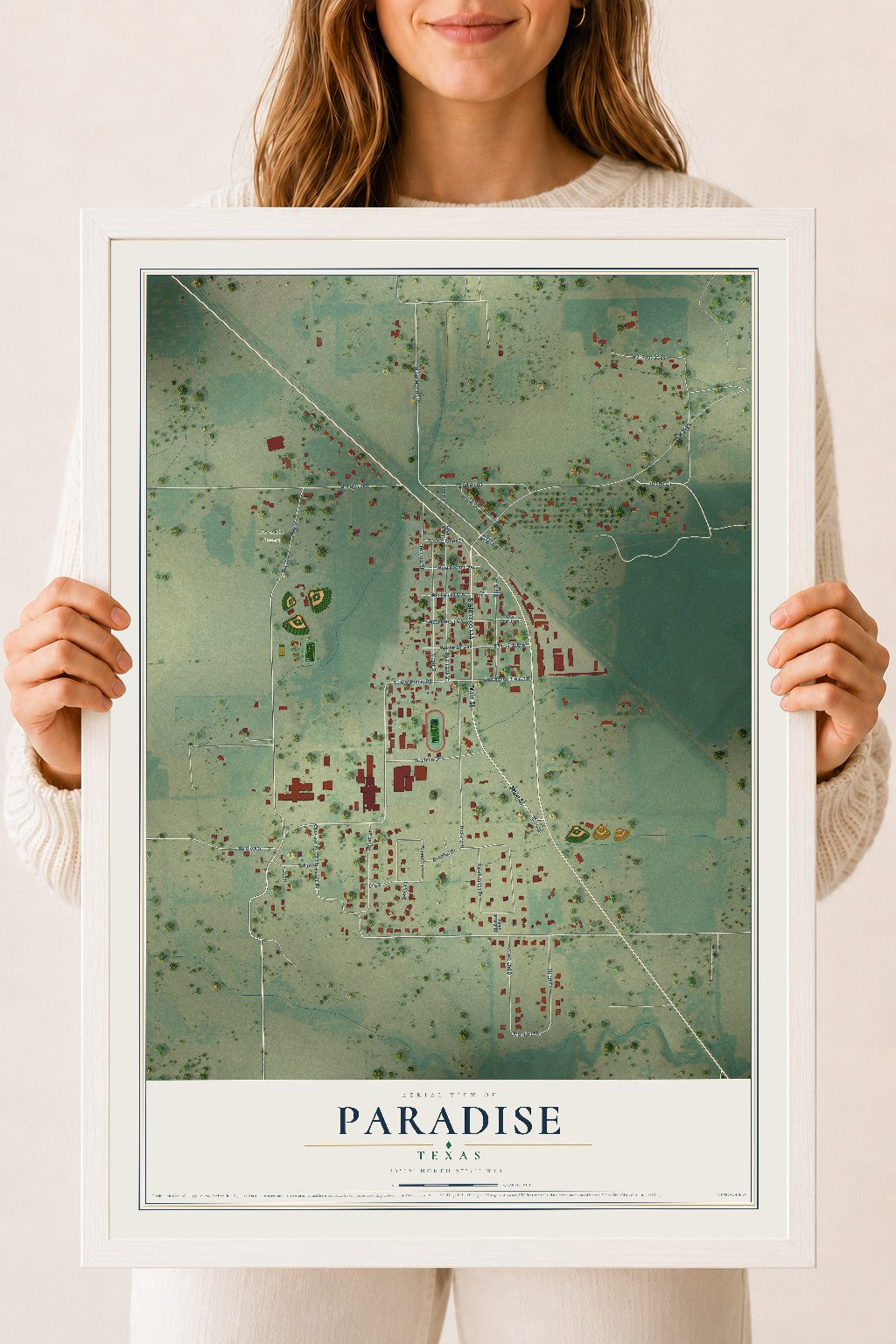 Map of Paradise, Texas, 18 x 24 inch print in a white wood frame