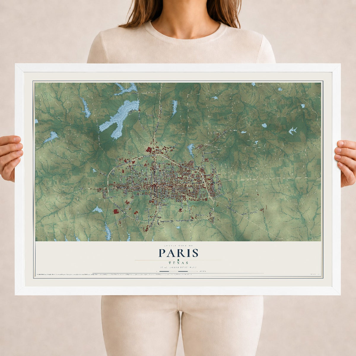 Map of Paris, Texas, 18 x 24 inch print in a white wood frame