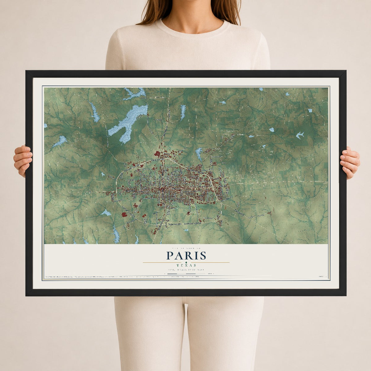 Map of Paris, Texas, 24 x 36 inch print in a black wood frame