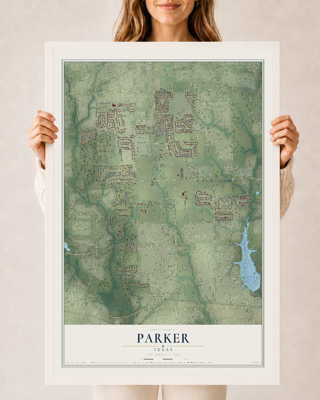 Map of Parker, Texas, 24 x 36 inch print in a white wood frame