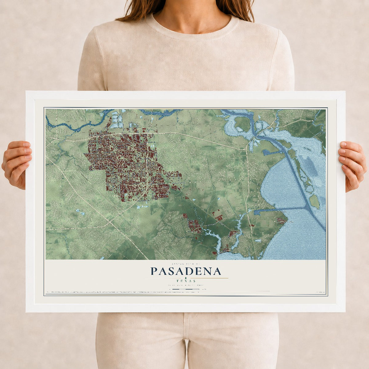Map of Pasadena, Texas, 12 x 18 inch print in a white wood frame