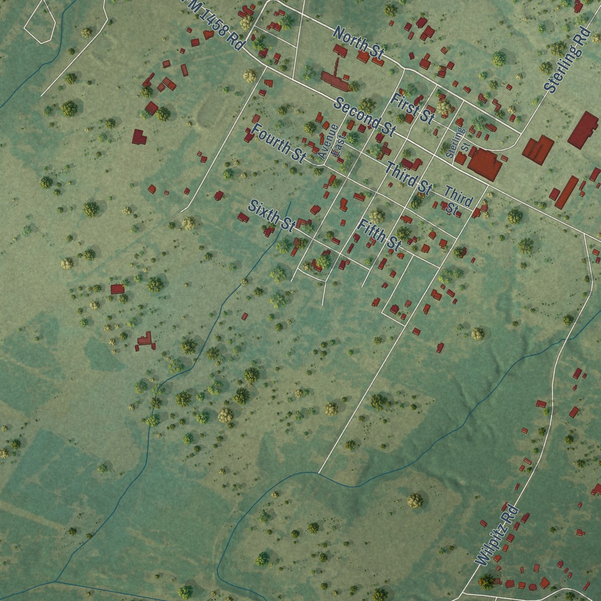 Close-up of the map of Pattison, Texas print showing street and building detail