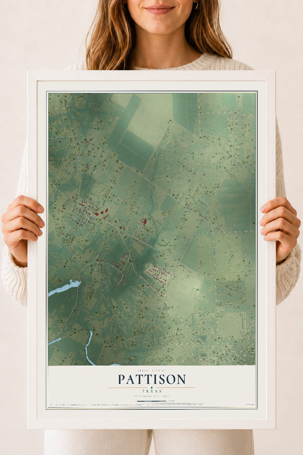 Map of Pattison, Texas, 18 x 24 inch print in a white wood frame