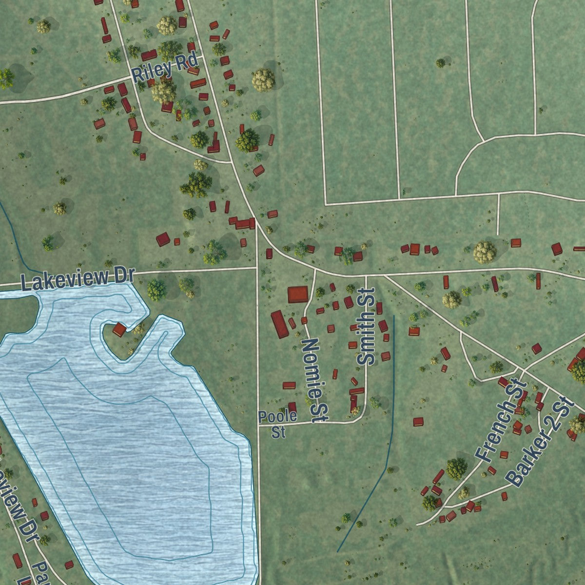 Close-up of the map of Patton Village, Texas print showing street and building detail