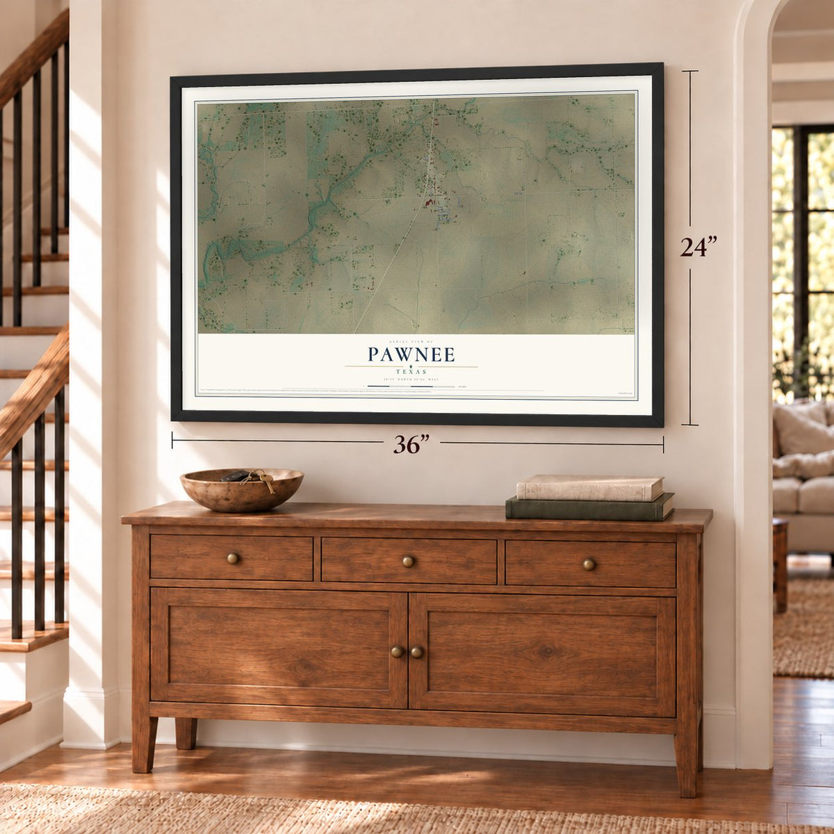 Pawnee, Texas map, 24 x 36 inch print in a black frame above a dresser by a staircase