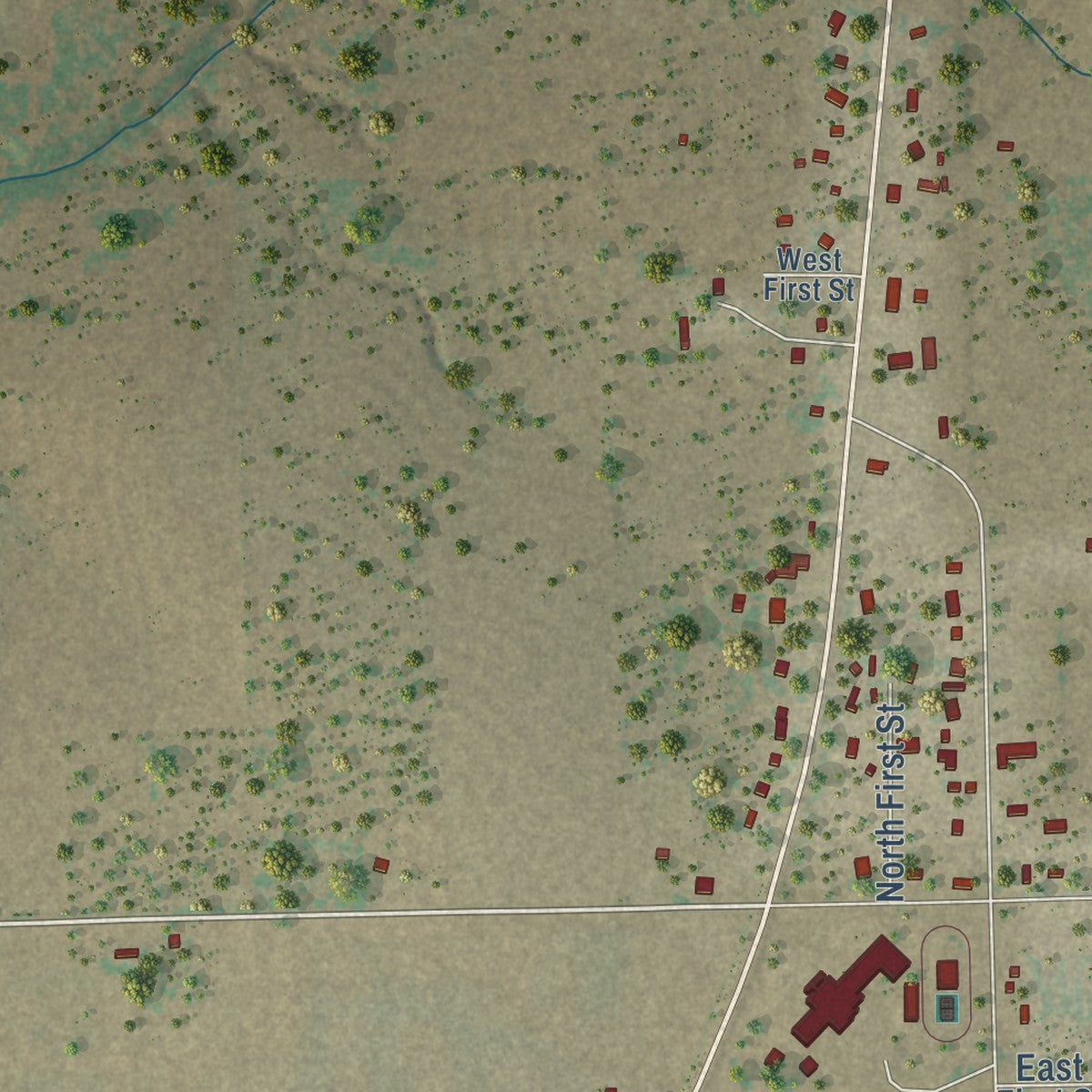 Close-up of the map of Pawnee, Texas print showing street and building detail