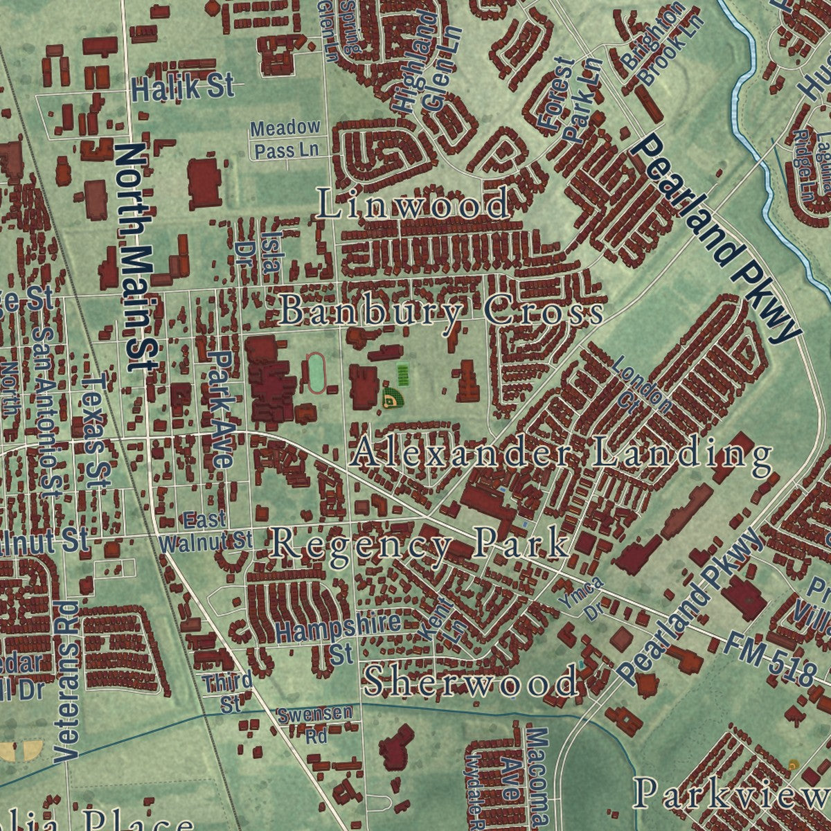 Close-up of the map of Pearland, Texas print showing street and building detail
