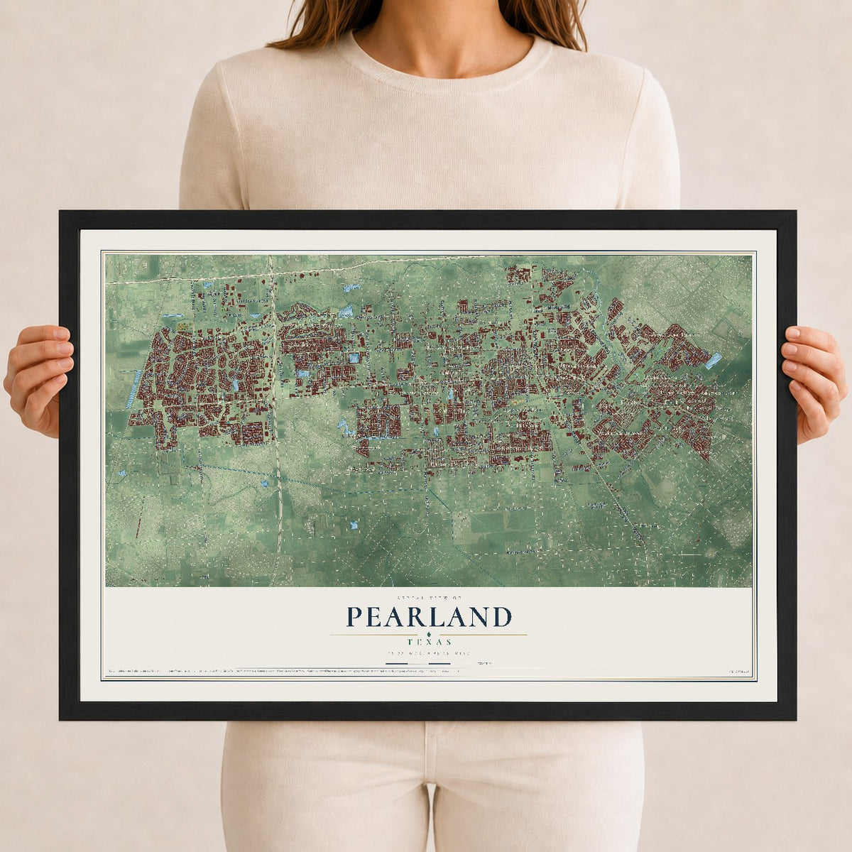 Map of Pearland, Texas, 12 x 18 inch print in a black wood frame