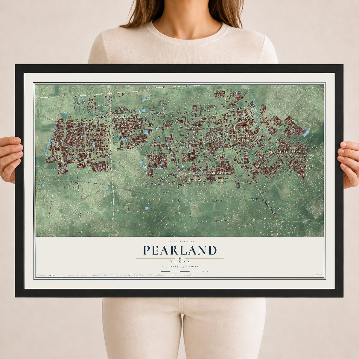 Map of Pearland, Texas, 18 x 24 inch print in a black wood frame